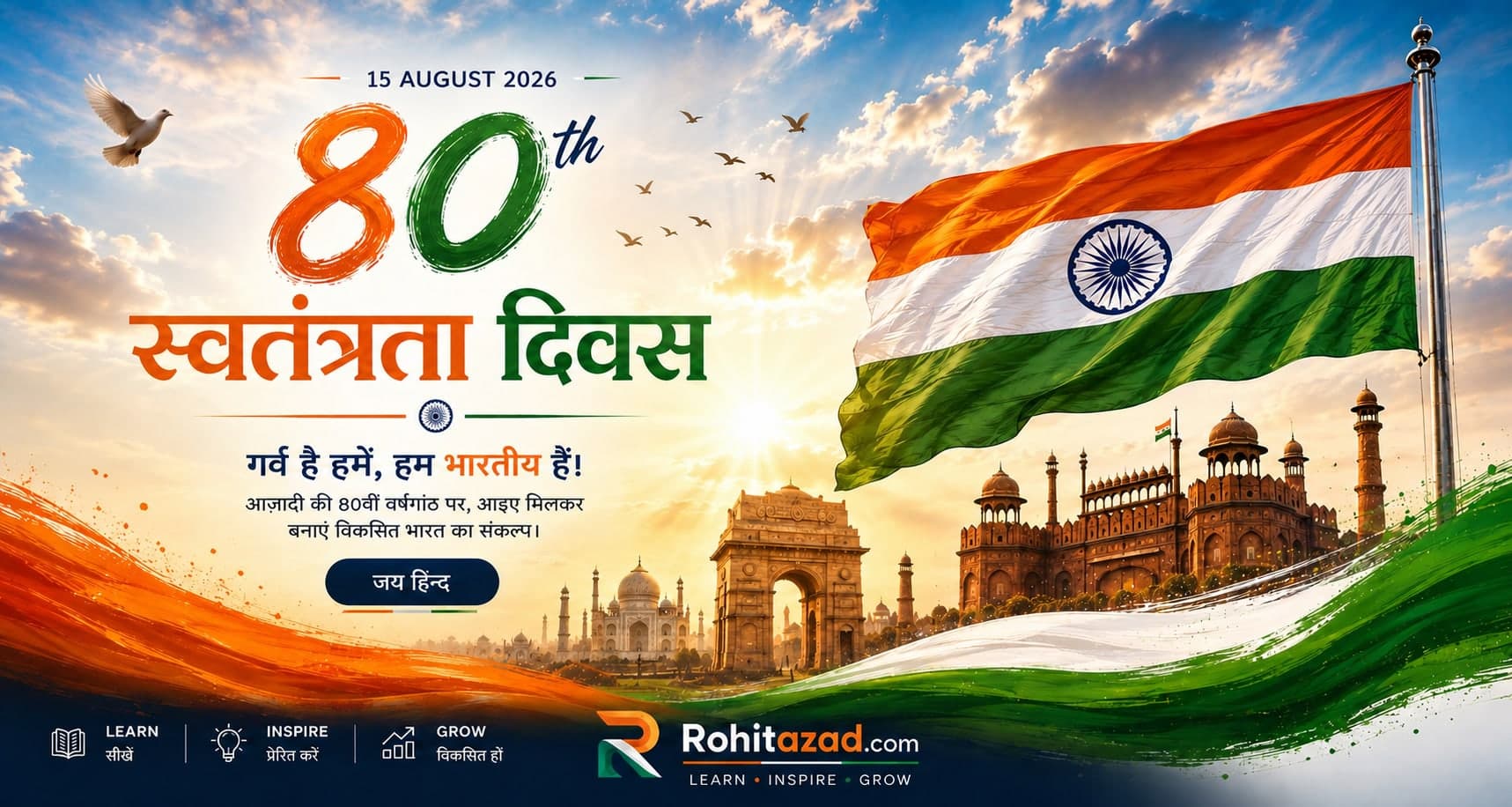 80th Independence Day 2026 artwork with the Indian flag and national monuments