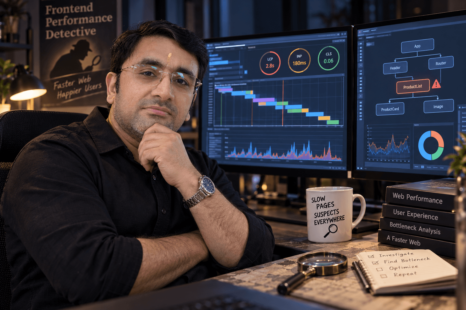 Frontend Performance Detective, an AI-generated portrait of Rohit Azad