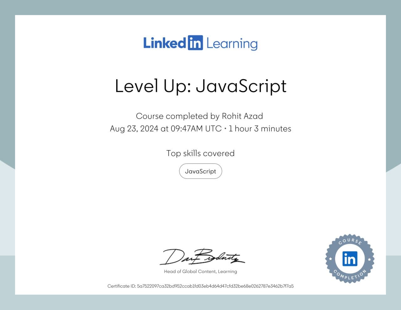 Level Up: JavaScript certificate from LinkedIn Learning