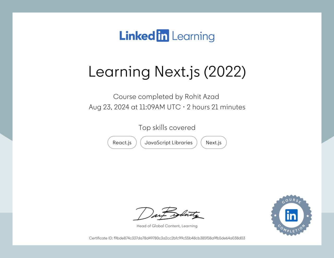 Learning Next.js (2022) certificate from LinkedIn Learning