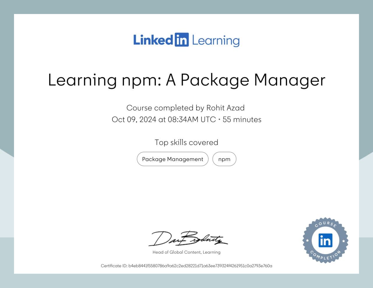 Learning npm: A Package Manager certificate from LinkedIn Learning