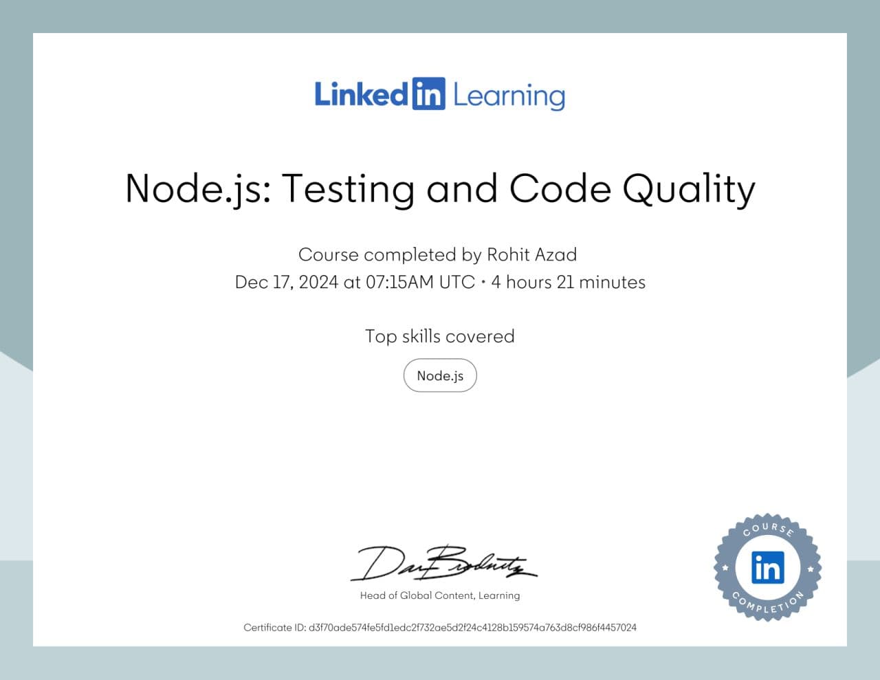 Node.js: Testing and Code Quality certificate from LinkedIn Learning
