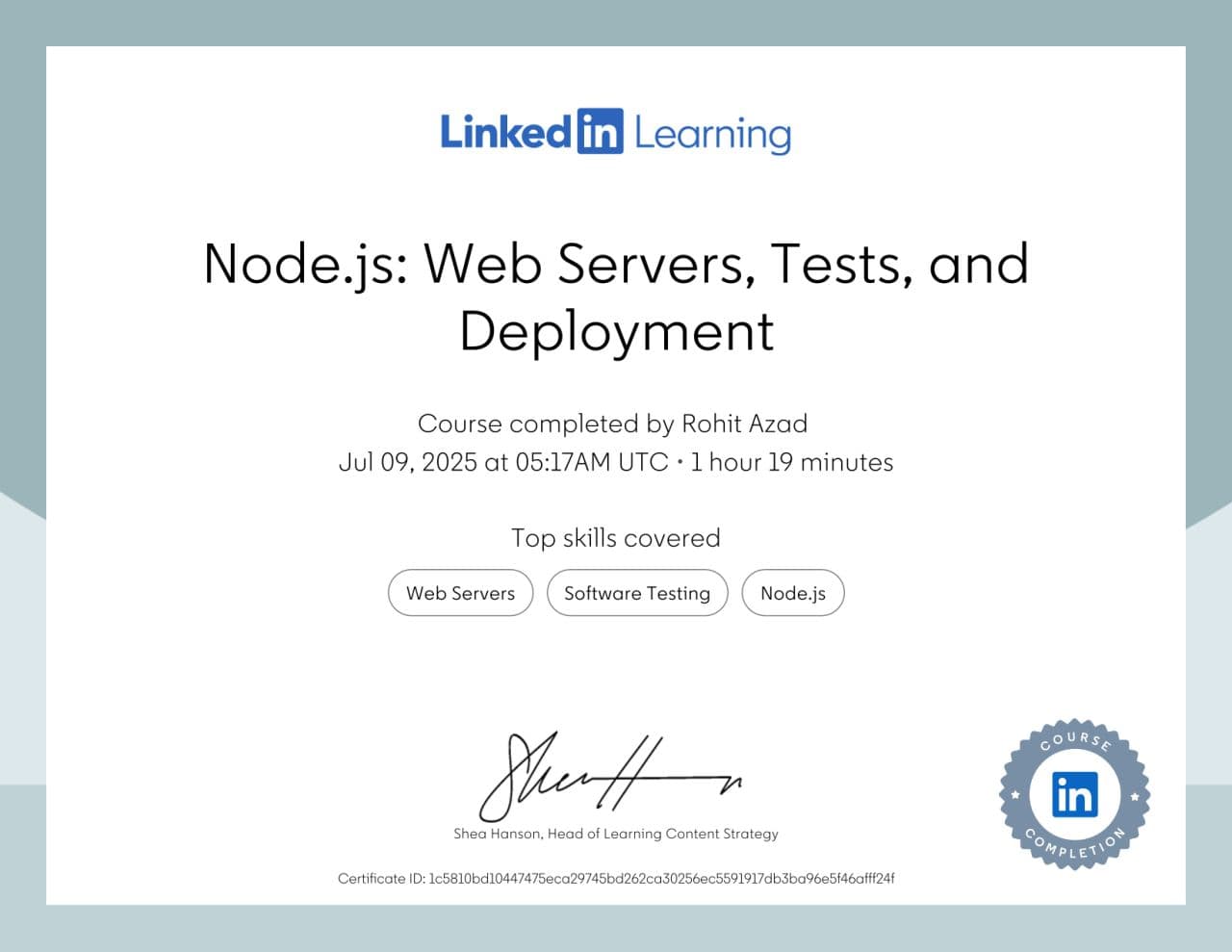 Node.js: Web Servers, Tests, and Deployment certificate from LinkedIn Learning