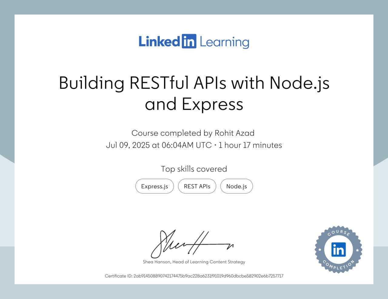 Building RESTful APIs with Node.js and Express certificate from LinkedIn Learning