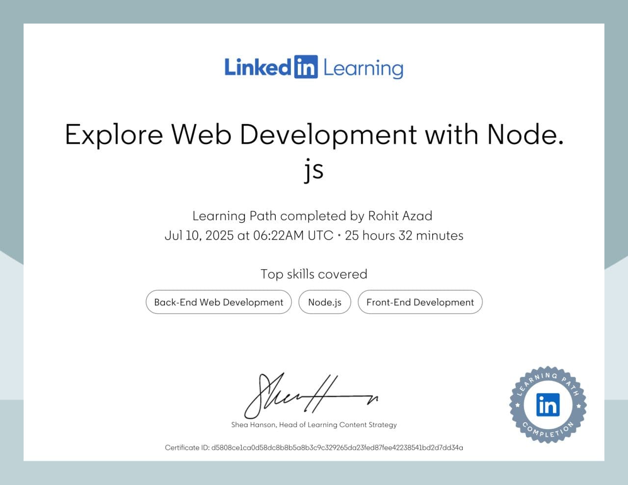 Explore Web Development with Node.js certificate from LinkedIn Learning