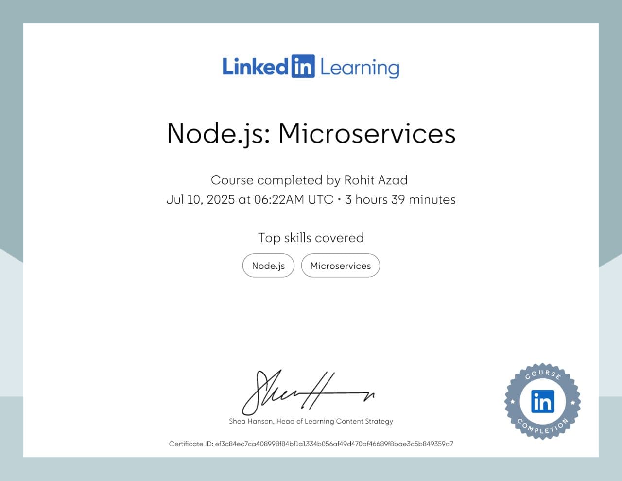 Node.js: Microservices certificate from LinkedIn Learning